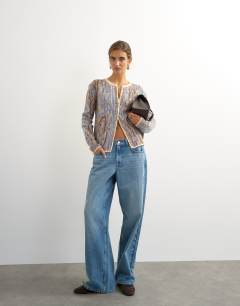 Model wearing Knitted brushed animal cardigan with wool and mohair in brown and blue