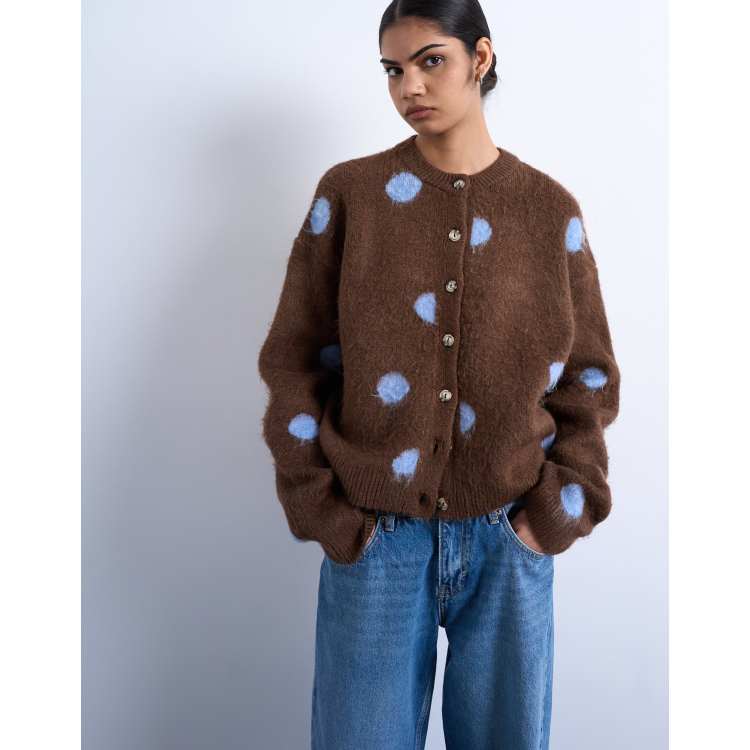 Topshop knitted brushed spot cardigan in brown | ASOS