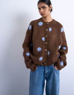 Knitted brushed spot cardigan in brown