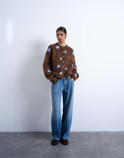 Topshop knitted brushed spot cardigan in brown, 4 of 4