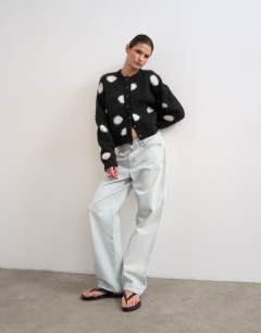 Model wearing Knitted brushed spot cardigan in mono