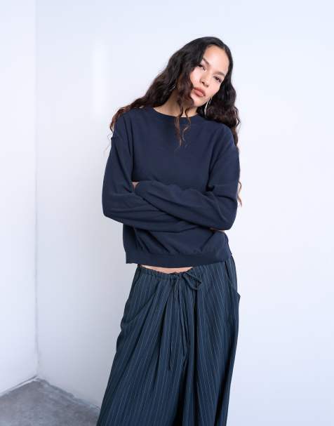 Topshop knitted button back jumper in navy - view 1