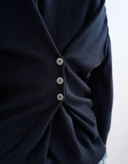 Topshop knitted button back jumper in navy, 4 of 4