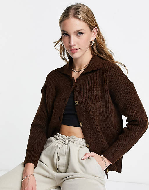 Women Topshop knitted button collar cardi in chocolate 