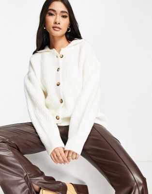 Topshop knitted button collar cardi in ivory