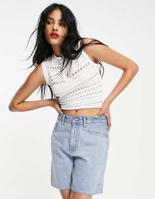 Topshop Open Stitch Sleeveless Henley Sweater Vest In White