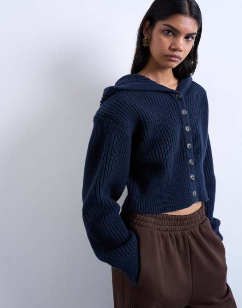 Topshop knitted button through shoulder padded hoodie in navy - view 1