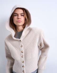 Knitted button through shoulder padded hoodie in oat