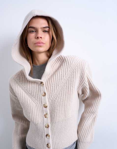 Topshop knitted button through shoulder padded hoodie in oat