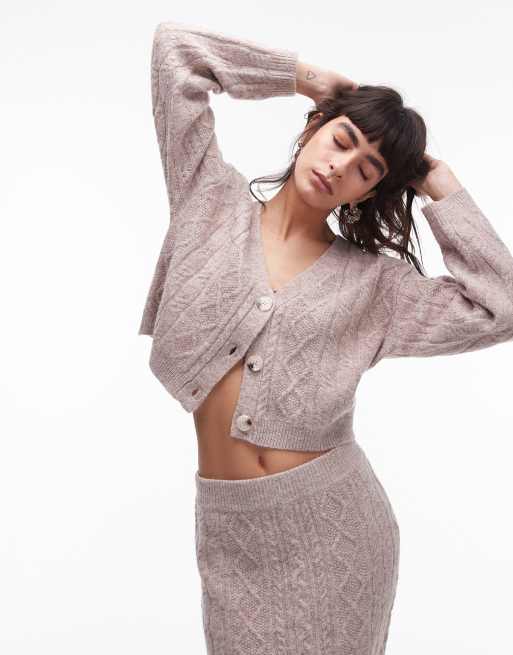 Topshop knitted cable cardi in mushroom