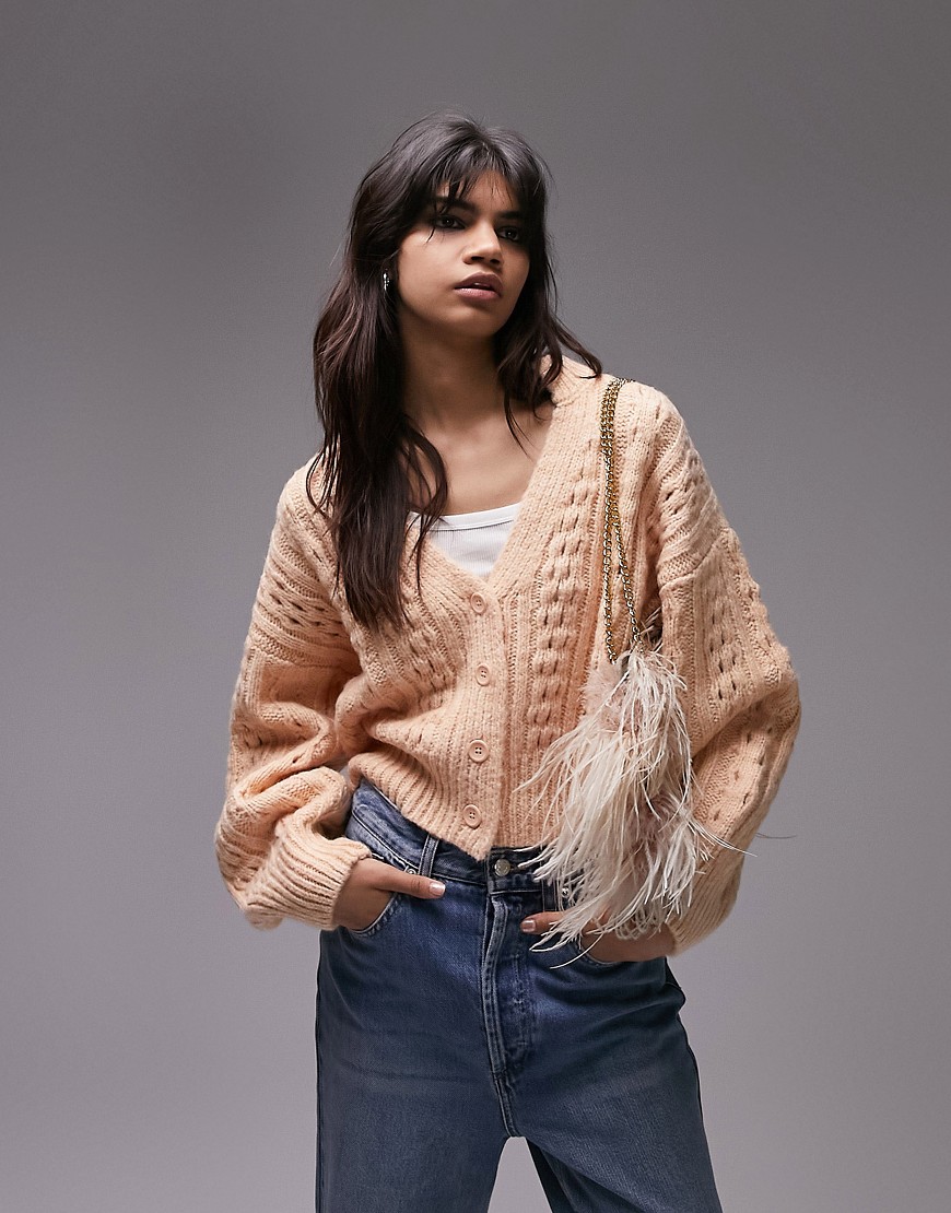 Topshop knitted cable cardi in peach-Pink