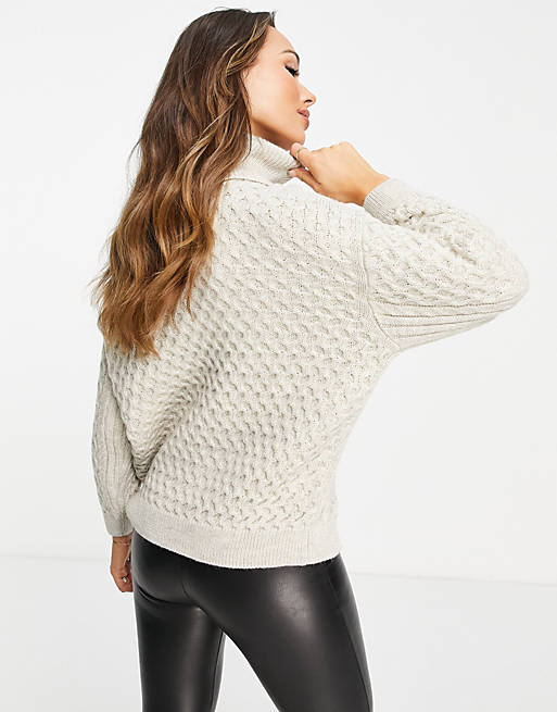 Jumpers & Cardigans Topshop knitted cable cut about roll neck jumper in stone 