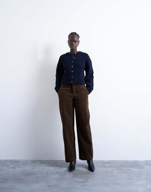 Topshop knitted cable fitted waist cardigan in navy, 2 of 4