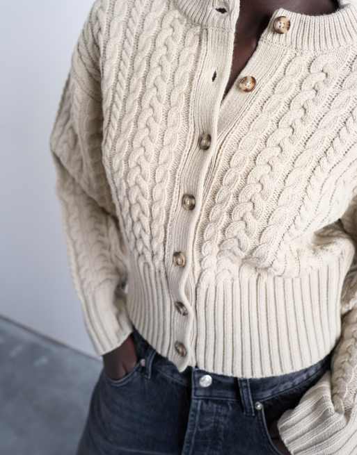 Topshop knitted cable fitted waist cardigan in oat, 3 of 4