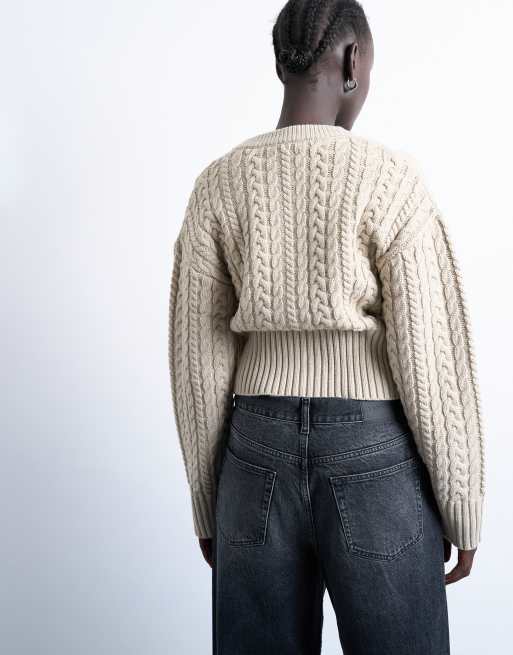 Topshop knitted cable fitted waist cardigan in oat, 4 of 4