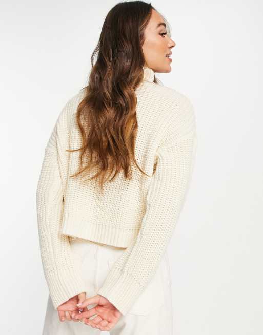 Topshop knitted cable half zip sweater in ecru