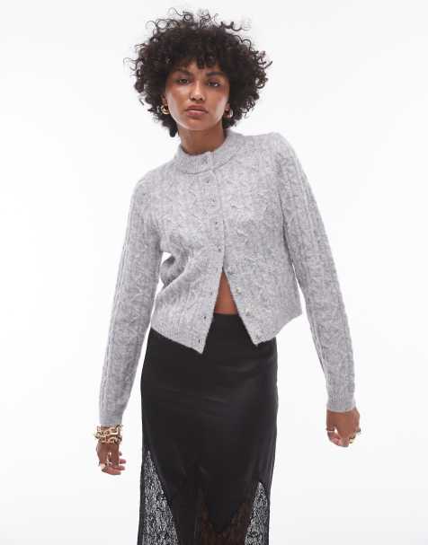 Topshop knitted cable micro cardi in grey - view 1