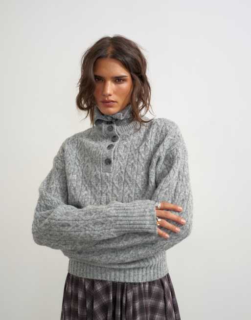 Topshop knitted cable stitch funnel neck jumper in grey, 2 of 4
