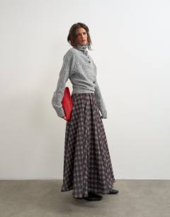 Model wearing Knitted cable stitch funnel neck jumper in grey