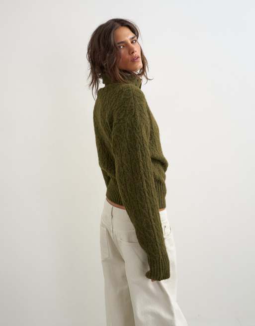 Topshop knitted cable stitch funnel neck sweater in moss, 4 of 4