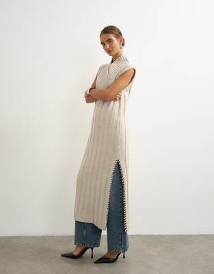 Topshop Knitted Cable Stitch Long Line Dress In Neutral