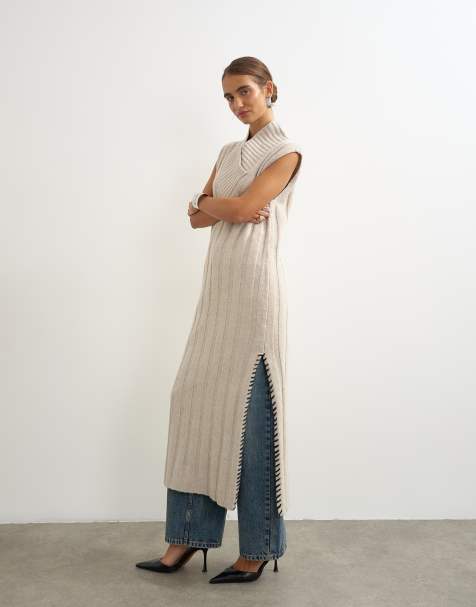 Topshop knitted cable stitch long line dress in oat - view 1