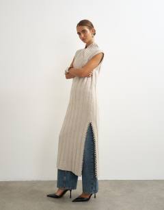 Knitted cable stitch long line dress in oat