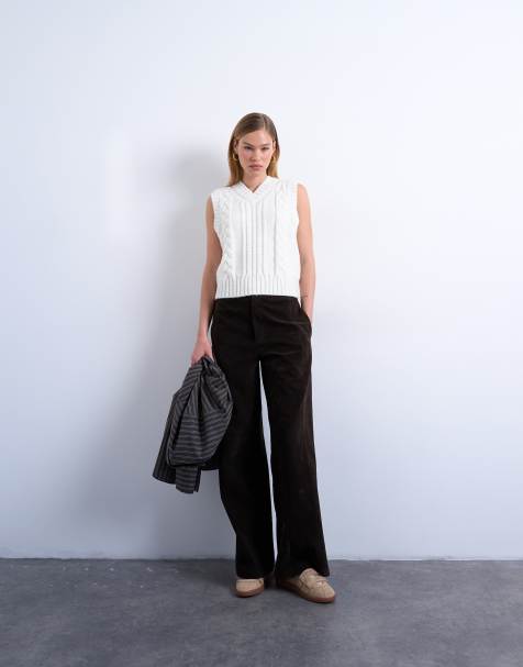 Topshop knitted cable v neck vest in ivory - view 1