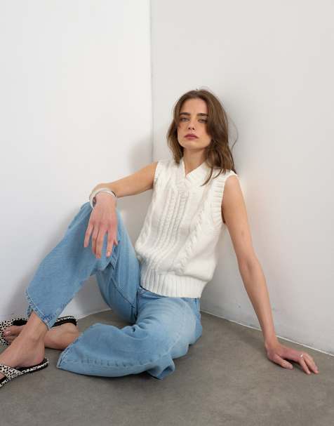 Topshop knitted cable v neck vest in ivory