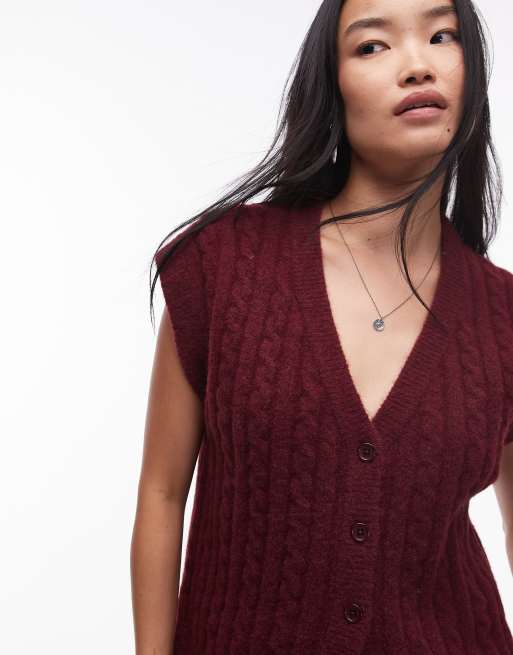 Topshop knitted cable vest in burgundy