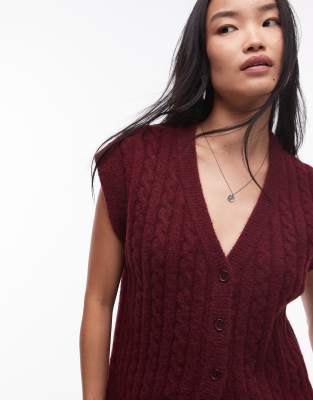 Topshop knitted cable waistcoat in burgundy-Red