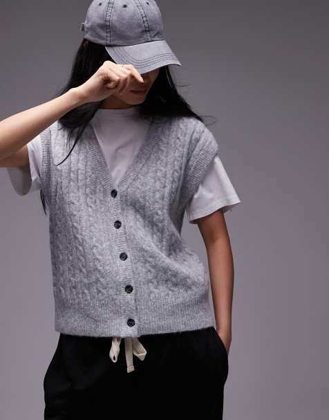 Topshop knitted cable waistcoat in grey - view 1