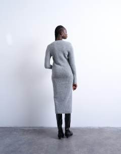 Model wearing Knitted cardigan midi dress in grey
