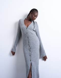Model wearing Knitted cardigan midi dress in grey