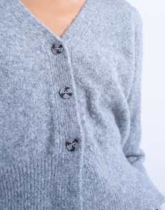 Model wearing Knitted cardigan with shoulder pads in grey