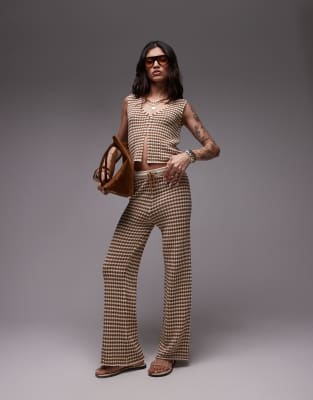 Topshop Topshop knitted check pattern trouser co-ord-Brown