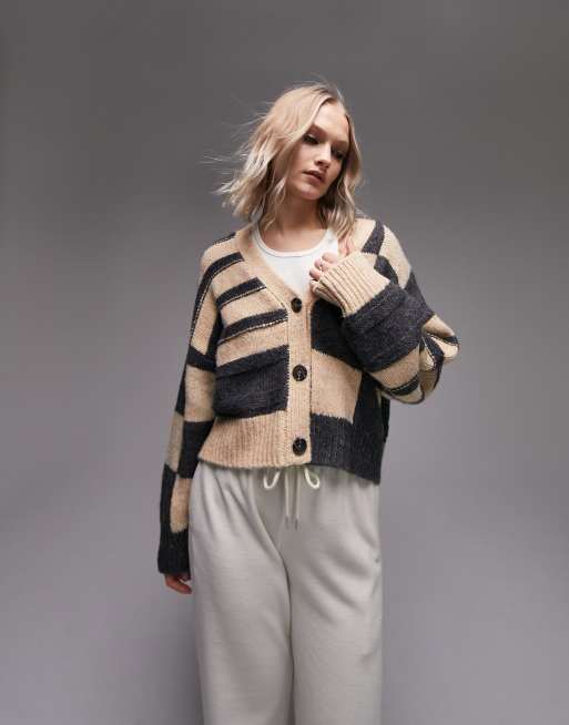 Topshop knitted checkerboard and stripe cardi in multi