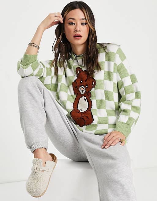 Jumpers & Cardigans Topshop knitted checkerboard teddy bear jumper in multi 