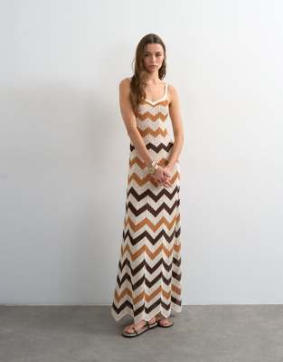 Knitted chevron stripe maxi dress in neutral