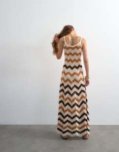 Model wearing Knitted chevron stripe maxi dress in neutral