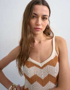 Model wearing Knitted chevron stripe maxi dress in neutral