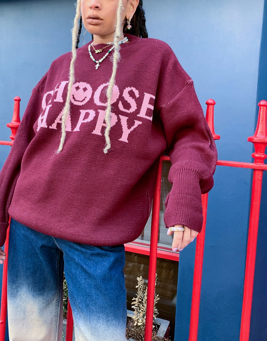 TOPSHOP KNITTED CHOOSE HAPPY SWEATER IN BURGUNDY-RED
