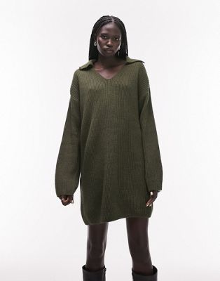 Topshop knitted chuck on collar dress in khaki