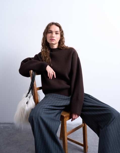 Topshop knitted chunky all needle clean crew jumper in chocolate - view 1