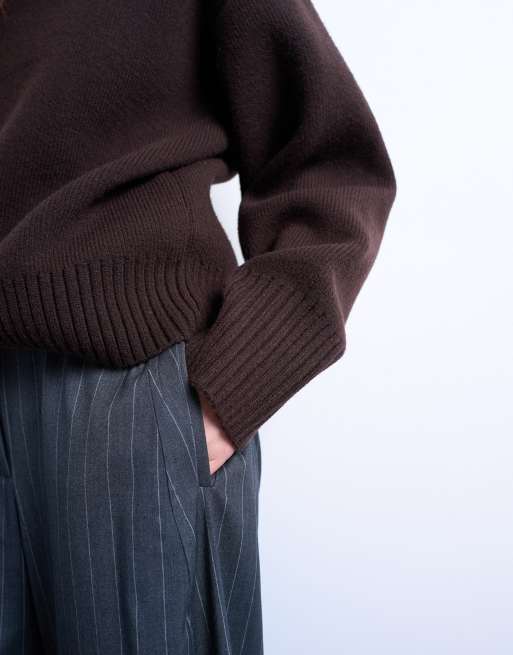 Topshop knitted chunky all needle clean crew jumper in chocolate, 3 of 4