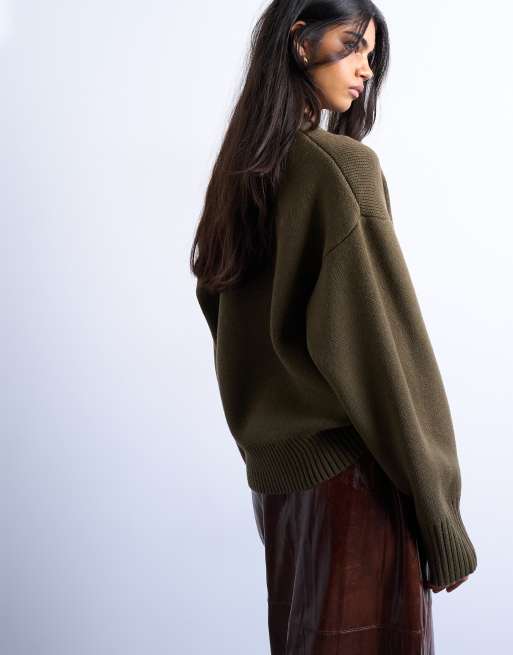 Topshop clean chunky knit crew neck sweater in khaki green