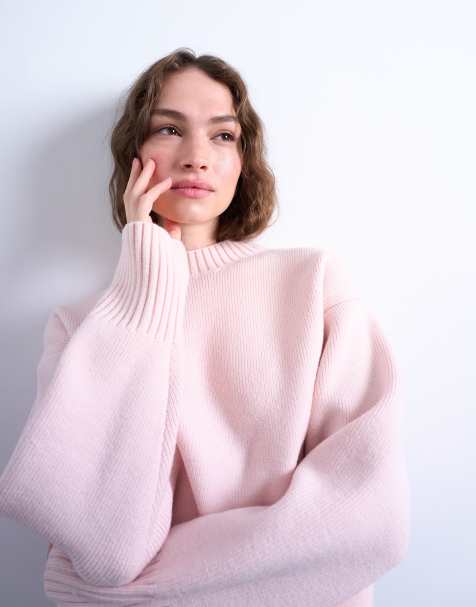 Topshop knitted chunky all needle clean crew jumper in pink - view 1