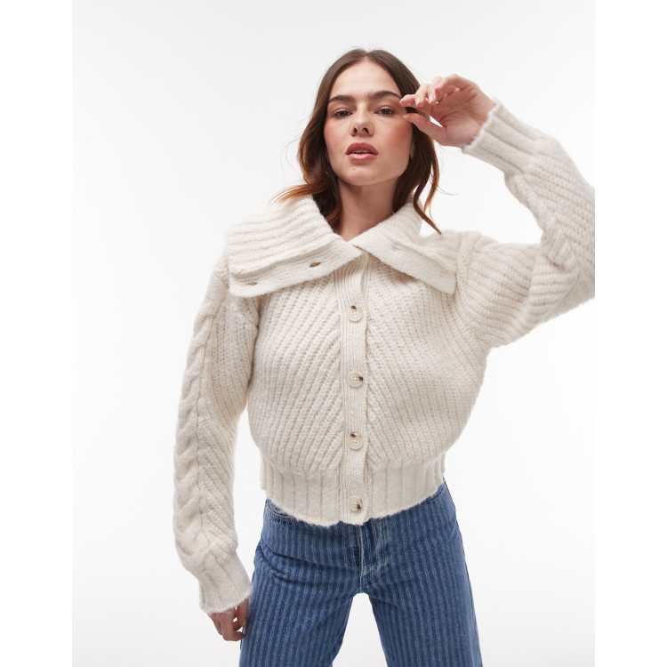 Topshop knitted chunky cable collar cardi in ivory ASOS