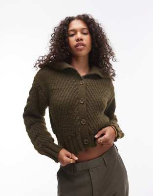 knitted chunky cable collar cardi in khaki-Green