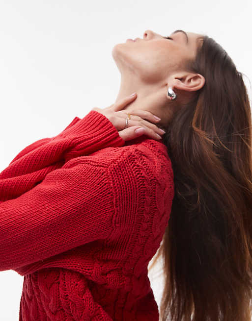 Topshop knitted chunky cotton cable cardigan in red | ASOS Topshop knitted chunky cotton cable cardigan in red | ASOS